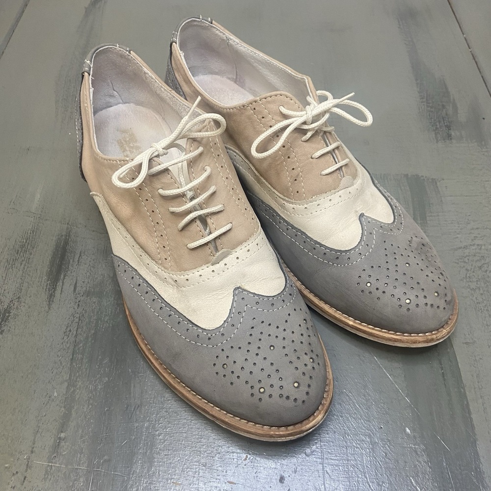 Pratesi Womens Oxford Wingtip Brogue Shoes Size 40 Made In Italy Grey Beige